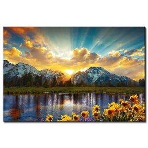 Mountain Wall Art Sunrise Nature National Park Lake Landscape Wall Art for Living Room Sunflower Canvas Picture Kitchen Decor Grand Teton Scenic Painting Artwork for Bedroom Home Decoration 16x24"
