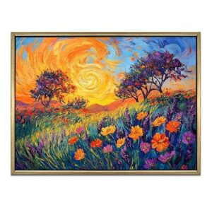 PAPER PLANE DESIGN Van Gogh Vibrant Sunrise Floral Landscape Canvas Wall Art | Ready to Hang – Golden Frame – Living Room & Office Decor – 4ft x 3ft (DS 02) Visit the PAPER PLANE DESIGN Store